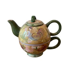 Zrike Dana Cullen Hand Painted Nesting Teapot Rooster‎ Floral Print Green Tan
